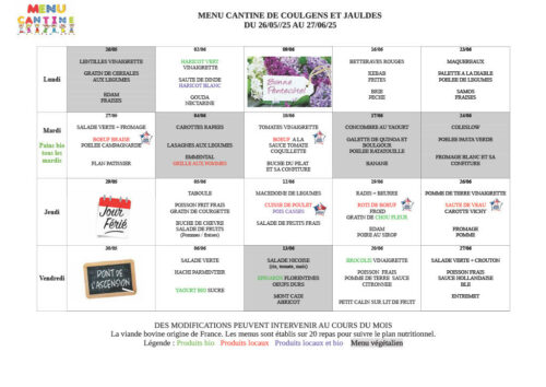 MENU CANTINE DU 26/05/25 AU 27/06/25